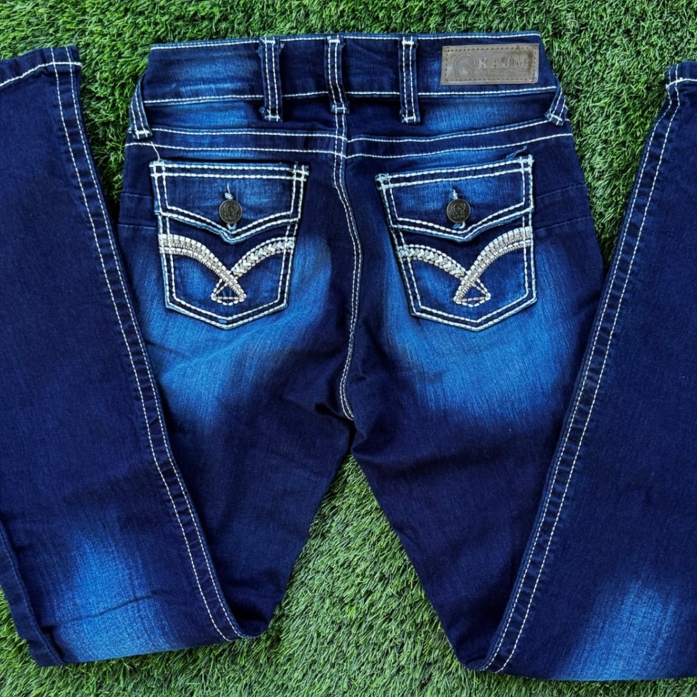 Kajm Premium‎ Woman Boot Cut Jeans Blue Wash Embellished Stitching Size 9